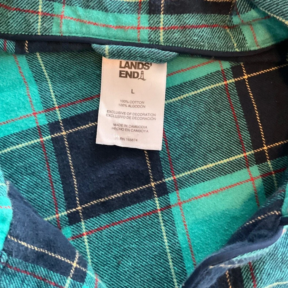 Lands End Plaid Flannel Pajama Set Long Sleeve Button‎ Up Pants Women's L